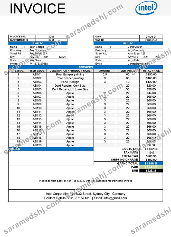 USA Intel invoice template